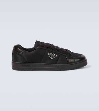 Prada Leather Sneakers With Embellished Inserts And Padded Ankle In Black