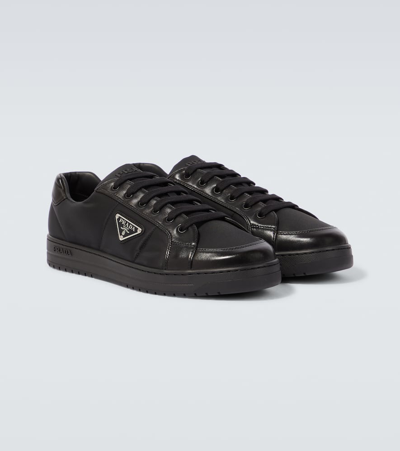 Prada Leather Sneakers With Embellished Inserts And Padded Ankle In Black