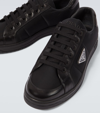 Prada Leather Sneakers With Embellished Inserts And Padded Ankle In Black