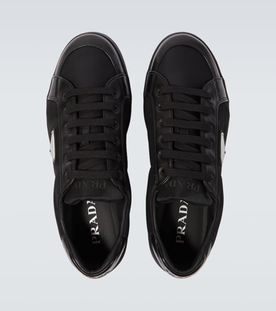 Prada Leather Sneakers With Embellished Inserts And Padded Ankle In Black
