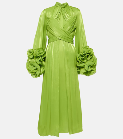 Shop Costarellos Draped Ruffle-trimmed Midi Dress In Green