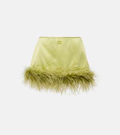 MIU MIU FEATHER-TRIMMED SATIN MINISKIRT 