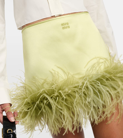 Miu Miu Feather-trimmed Satin Miniskirt In Green