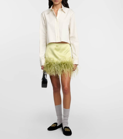 Miu Miu Feather-trimmed Satin Miniskirt In Green
