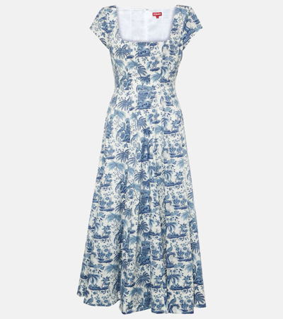 Shop Staud Wells Floral Cotton Midi Dress In Blue