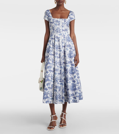 Shop Staud Wells Floral Cotton Midi Dress In Blue