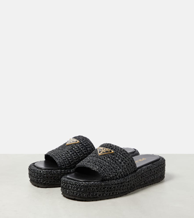 Prada Raffie Single-band Platform Slides In Black