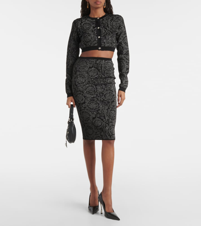 Shop Versace Barocco Knit Midi Skirt In Black