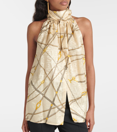 Versace Chain-link Print Halterneck Top In Sand+gold