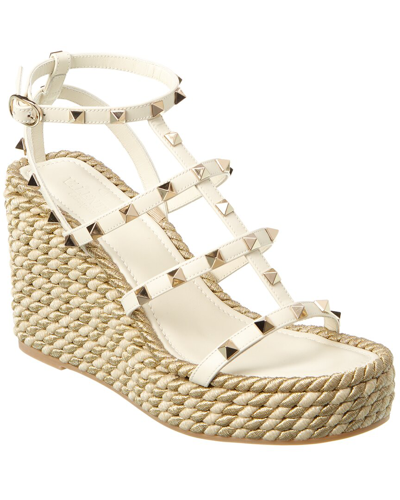 Shop Valentino Rockstud Caged 95 Rope & Leather Wedge Sandal In White