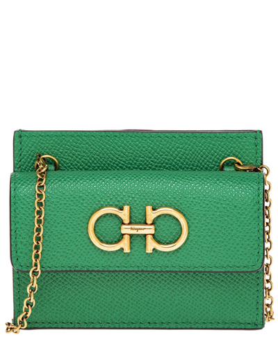 Shop Ferragamo Gancini Leather Card Case On Chain In Green
