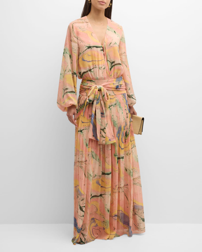 Shop Alexis Diane Pleated Blouson-sleeve Tie-waist Maxi Dress In Watercolor