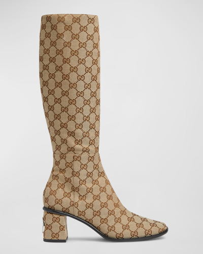 Shop Gucci Onyx Gg Monogram Knee Boots In Beige Ebony