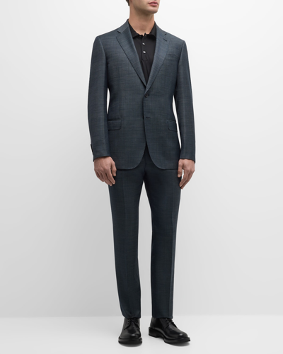 Shop Emporio Armani Men's Textured Wool Suit In Solid Medium Blue