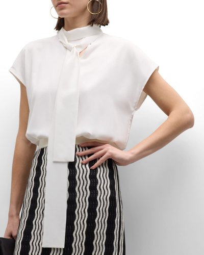 Shop Misook Tie-neck Dolman-sleeve Crepe De Chine Blouse In White