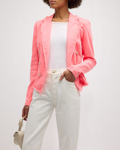 Shop L Agence Wayne Frayed Crop Denim Jacket In Soft Neon Coral