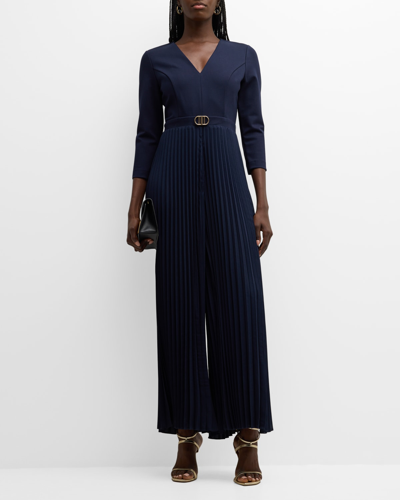 Shop Elie Tahari The Cassidy Pleated Wide-leg Jumpsuit In Peacoat