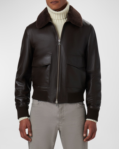 Shop Bugatchi Men's Shearling-collar Leather Bomber Jacket In Truffle