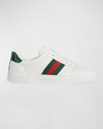 Shop Gucci Ace Leather Web Low-top Sneakers In Bianco