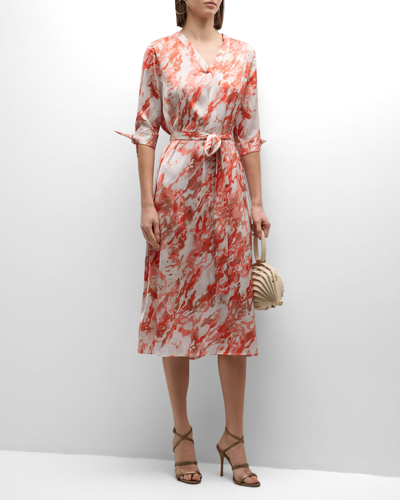 Shop Misook Abstract-print Belted Crepe De Chine Midi Dress In Spice/citrine/ita