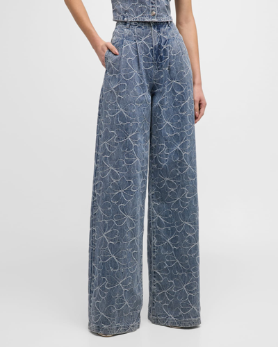 Shop Ramy Brook Adley High-rise Wide-leg Floral-embroidered Jeans In Indigo Emb Floral