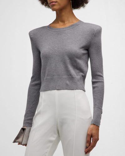 Shop L Agence Sky Cropped Strong-shoulder Sweater In Heather Grey