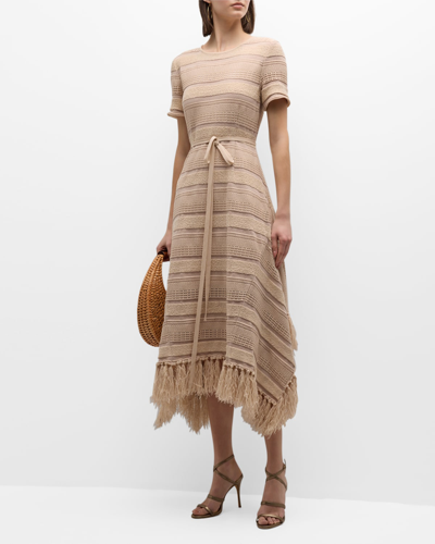 Shop Misook Tasseled Mixed-stitch A-line Midi Dress In Biscotti