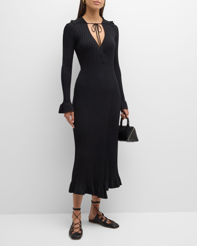 Shop By Malene Birger Gianina Ribbed Ruffle Maxi Wrap Dress In Black