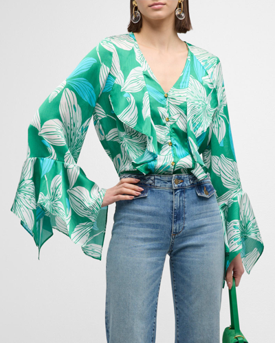 Shop Ramy Brook Savanna Lily-print Ruffle Button-front Blouse In Sea Green Lily Pr