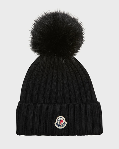 Moncler Ribbed Wool Beanie With Faux Fur Pom In Black
