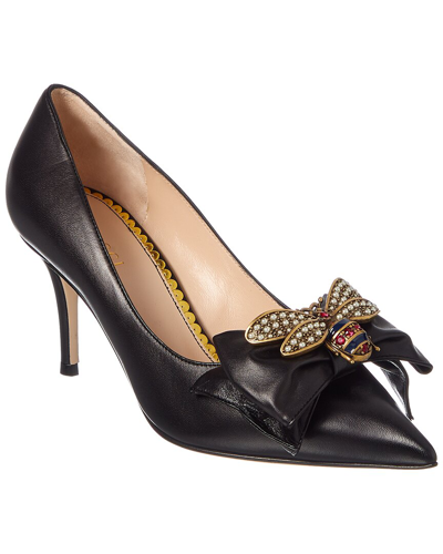 Shop Gucci Mid-heel Bow Leather Pump In Black