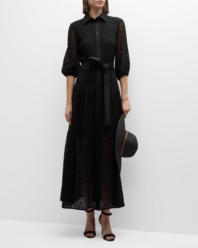 Shop Misook Tiered Blouson-sleeve Lace Maxi Shirtdress In Black