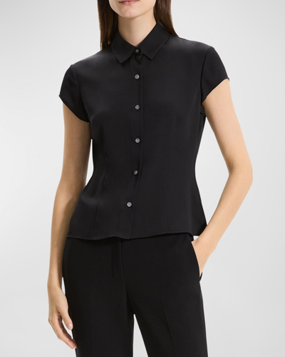 Shop Theory Cap-sleeve Modern Silk Georgette Blouse In Black