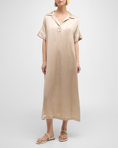 Shop Eleventy Short-sleeve Silk Midi Shift Dress In Sand
