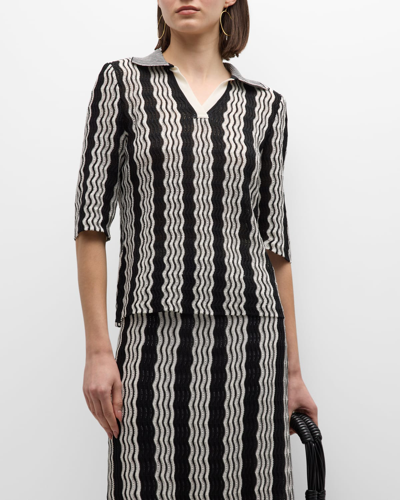 Shop Misook Elbow-sleeve Wavy Pointelle-knit Tunic In Black/white