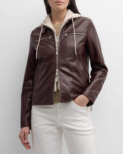Shop Eleventy Hooded Zip-front Leather Biker Jacket In Cookie