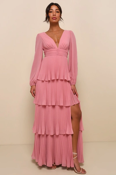 Lulus Graceful Finesse Dusty Rose Pleated Long Sleeve Maxi Dress In Dusty Rose
