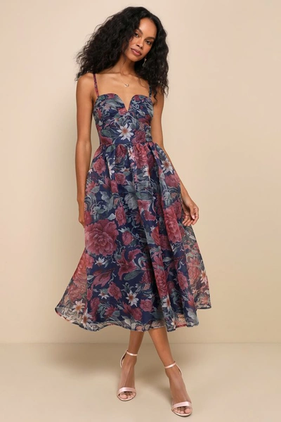 Lulus Cherished Aura Navy Blue Floral Organza Bustier Midi Dress In Navy Blue