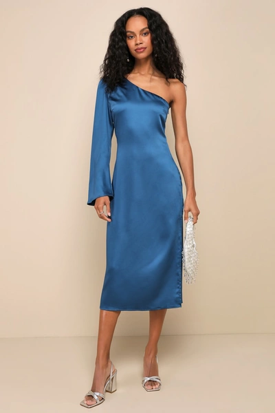 Lulus Positively Excellent Teal Blue Satin One-shoulder Midi Dress In Teal Blue