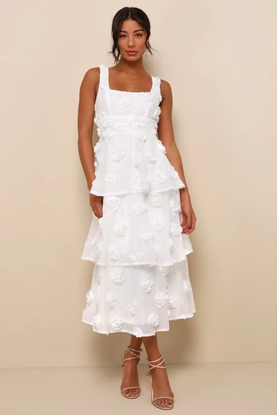 Lulus Exceptional Entrance White Sleeveless Tiered Rosette Midi Dress In White