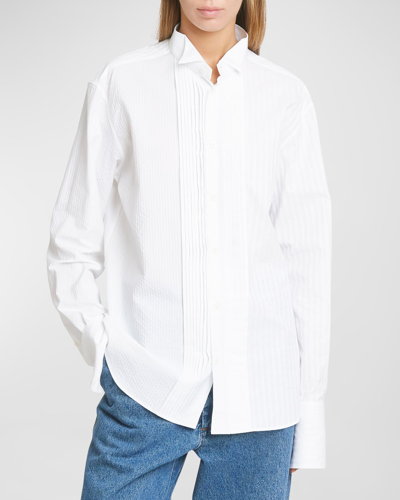 Shop Loewe Pleated Bib-front Wingtip Collared Striped Shirt In Optic Whit