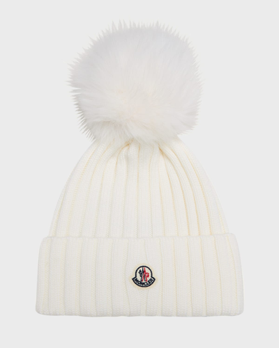 Shop Moncler Ribbed Wool Beanie With Faux Fur Pom In Natural