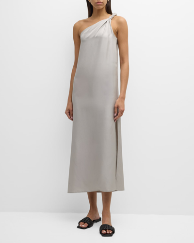 Shop Loulou Studio Adela One-shoulder Twist Midi Dress In Silver Grey