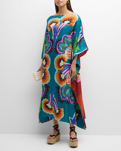 Shop Rianna + Nina Paradisos Zoi Parrot-print Silk Midi Kaftan Dress In Papagalo Zoi Turq