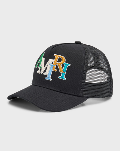 Shop Amiri Kid's  Staggered Logo Trucker Hat In Black