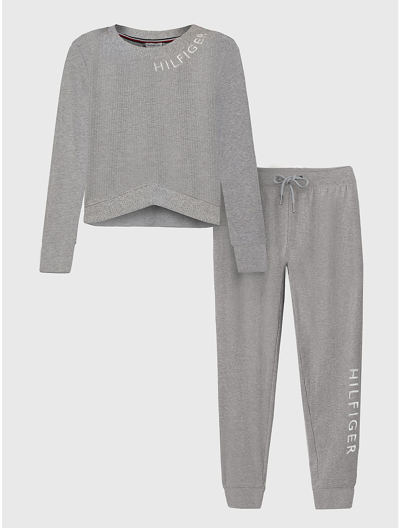 Shop Tommy Hilfiger Logo Sweatshirt & Pant Sleep Set In Heather Grey