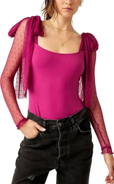 Shop Free People Tonque Tied Sheer Sleeve Bodysuit In Magenta In Pink