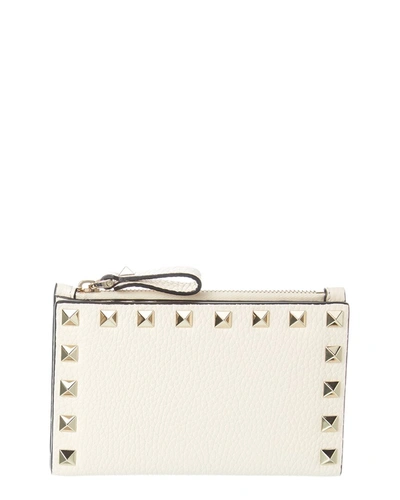 Shop Valentino Rockstud Grainy Leather Coin Purse & Card Holder In White