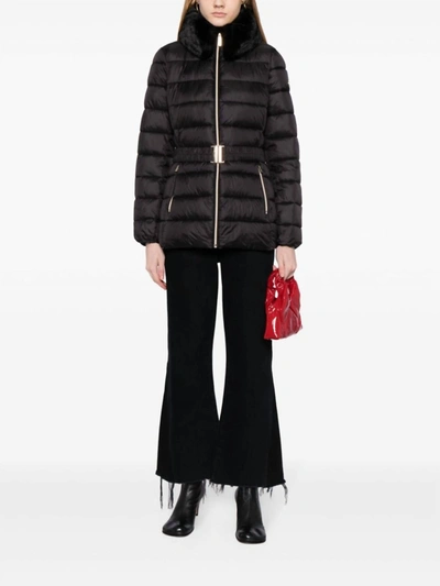 Michael Kors Faux Fur Collar Belted Lightweight Down Puffer Coat In Black In Black