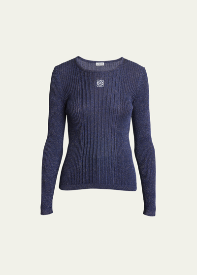Shop Loewe Anagram Embroidered Metallic Rib Crewneck Sweater In Dark Blue